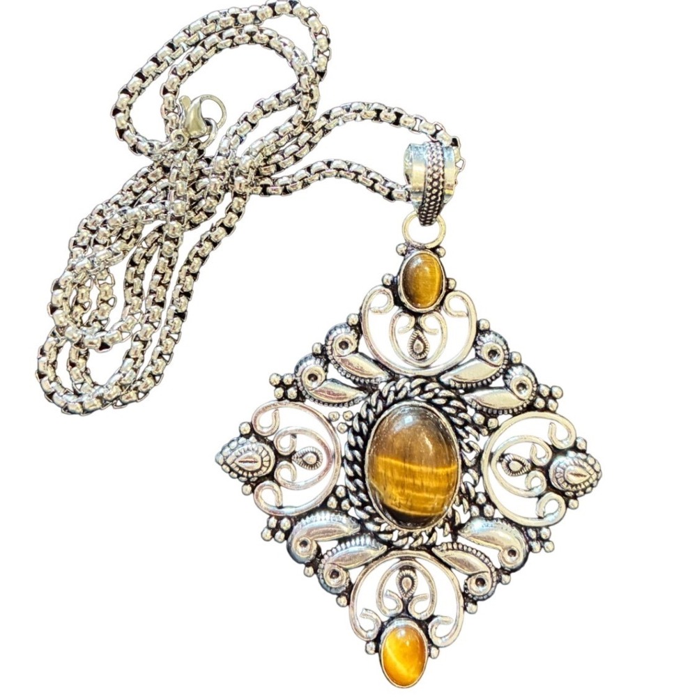 925 Sterling Silver Genuine Tigers Eye Filigree Pendant Necklace 20" Chain EXCL